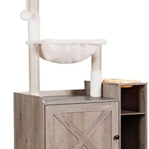 Hey-brother Cat Tree for Indoor Cats - XL Litter Box Enclosure with Large Hammock & Food Station, Modern Rustic Gray Pet