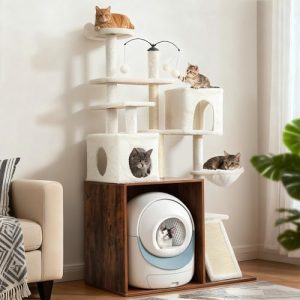 Automatic Cat Tower with Litter Box Enclosure - 68''H Cat Tree for Cats & Kittens, Features Scratching Post, 2 Condos, R