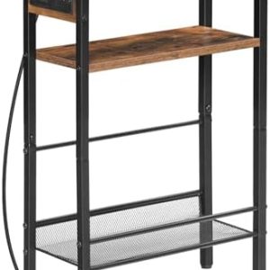 HOOBRO Small Narrow Side Table with Charging Station | Slim Nightstand for Small Spaces | Rustic Brown with USB Ports &