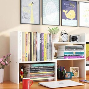 Expandable Desktop Bookshelf & Desk Organizer Shelf - Wooden Table Top Storage for Home Office, Compact Corner Rack, Ide