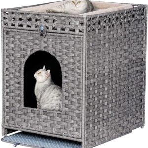 Snughome Cat Litter Box Enclosure Furniture | Handwoven Rattan Cat Washroom | Stylish Indoor Pet House for Living Room &