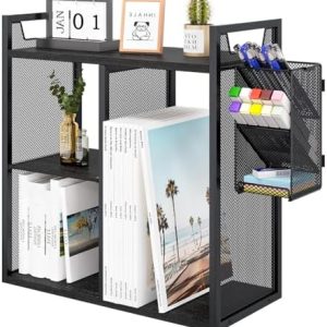PAG Freestanding Desktop Shelf Bookshelf for Office, Stylish Pencil Holder & Organizer, Space-Saving Display Rack in Bla