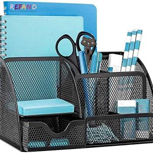 Mesh Desk Organizer - Multi-Functional Caddy with 6 Compartments & 1 Drawer - Ideal for Office, Home, School & Classroom
